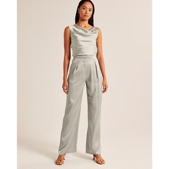 Abercrombie and Fitch Satin Tailored Wide Leg Pant Sage Size 33 Long - Picture 2 of 10